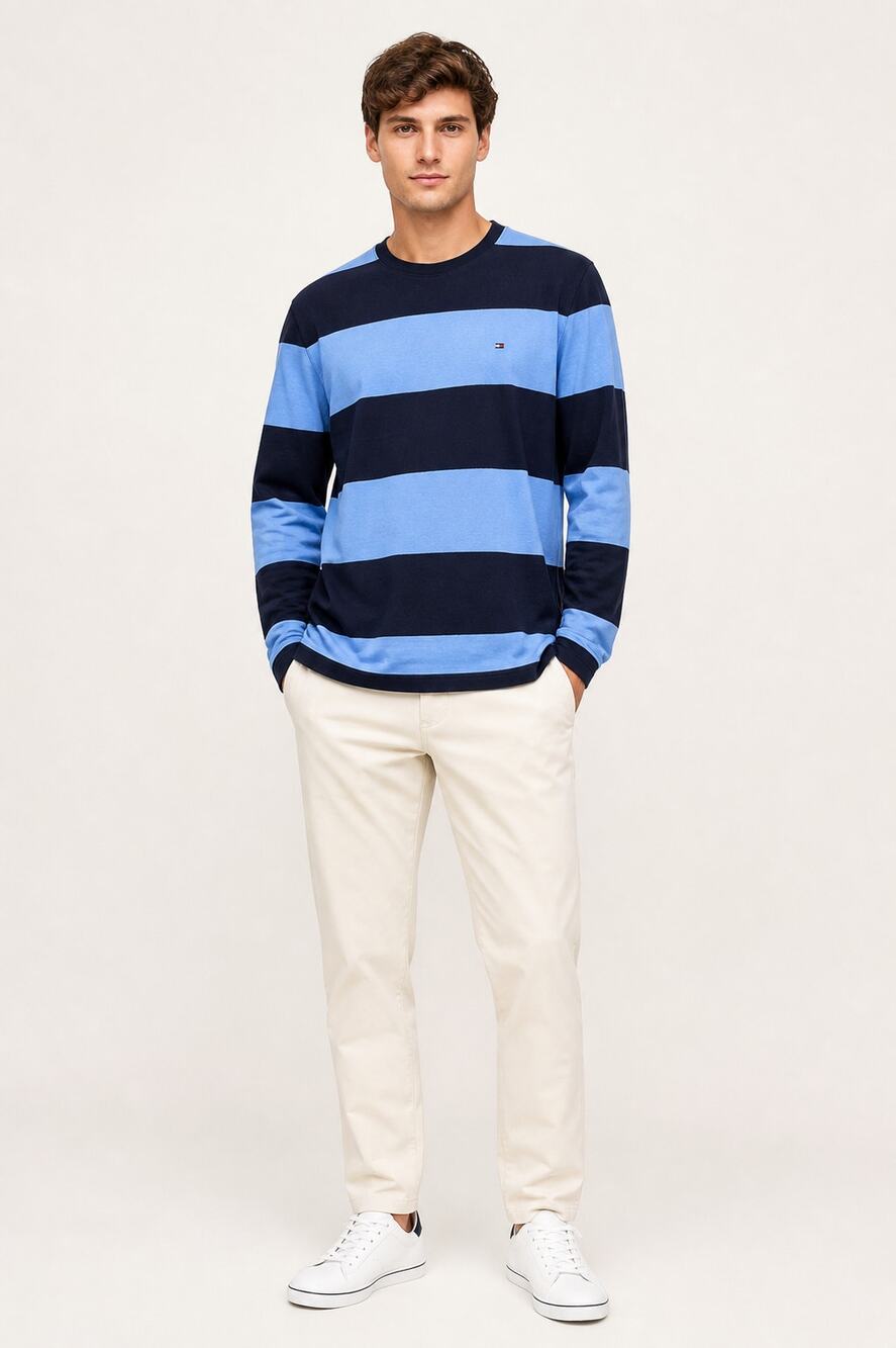 Tommy Hilfiger Mens Blue Striped Rugby Long Sleeve Cotton T Shirt Size XXL
